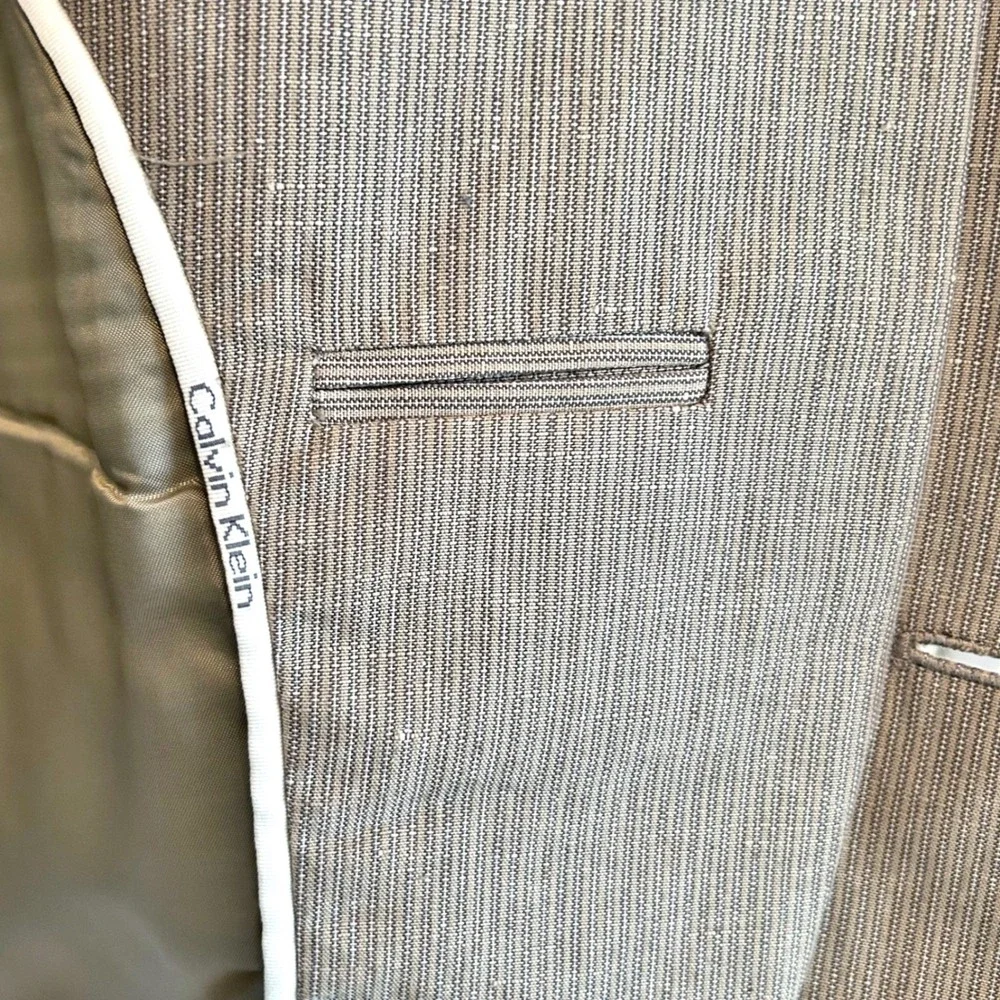 Calvin Klein Blazer Linen Blend Medium 44R Tan Stripe‎ Summer Sport Coat Jacket